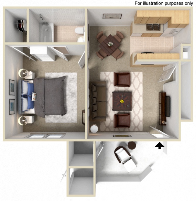 Floor plan for 1 bed, 1 bath, 839 sqft
